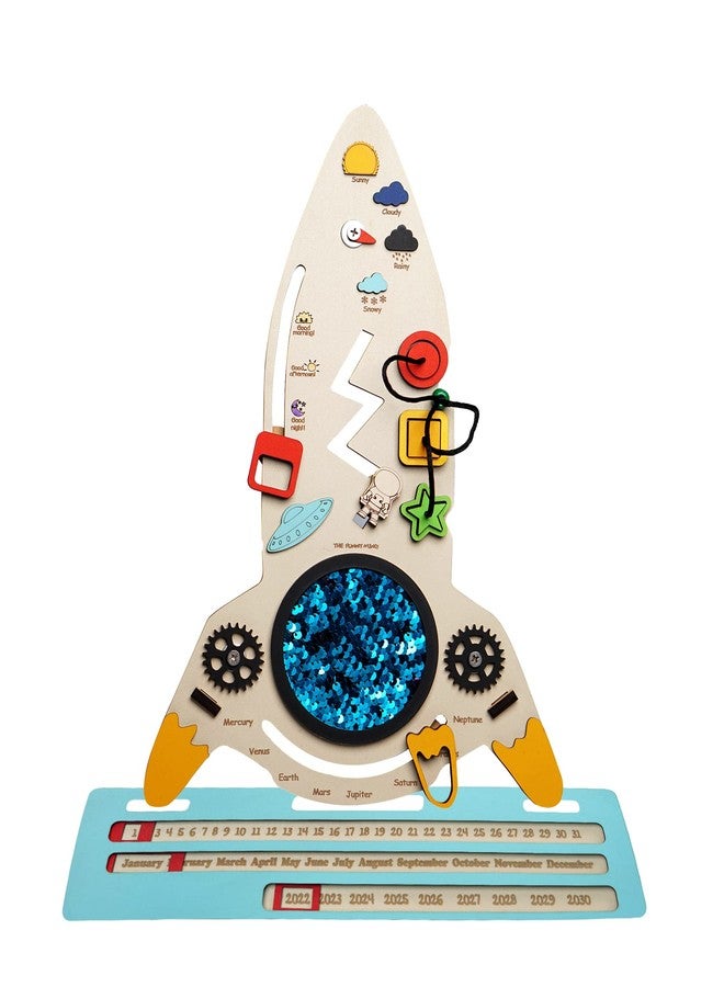The Funny Mind Space Shuttle with Launch Pad Busy Board | 10+ Activities Montessori Learning Educational Sensory Wooden Toy for Kids and Toddlers - Image 2